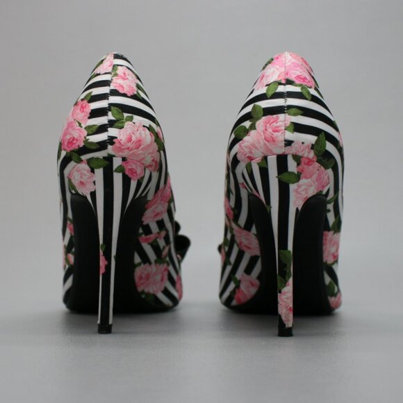 Betsey Johnson Ladies 9 Bret Roses Floral Stripes Ribbon Bow Heels Shoes Pumps - Picture 3 of 12